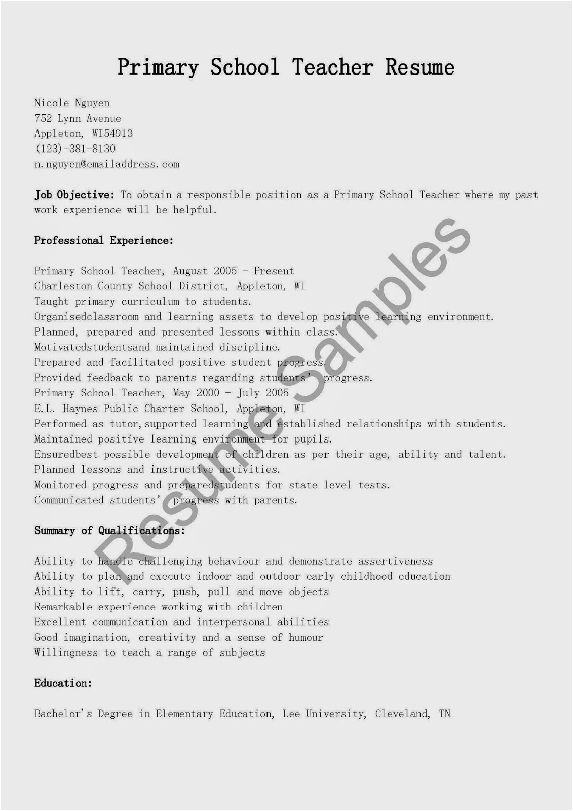 Sample Resume for Primary School Teacher with Experience Resume Samples Primary School Teacher Resume Sample