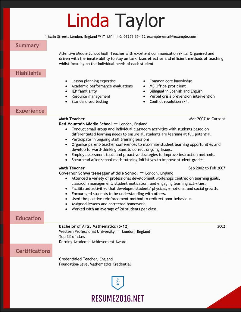 Sample Resume for Primary School Teacher with Experience Teacher Resume Examples 2016 for Elementary School