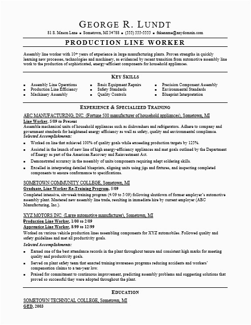 Sample Resume for Production Line Worker Production Line Resume Sample