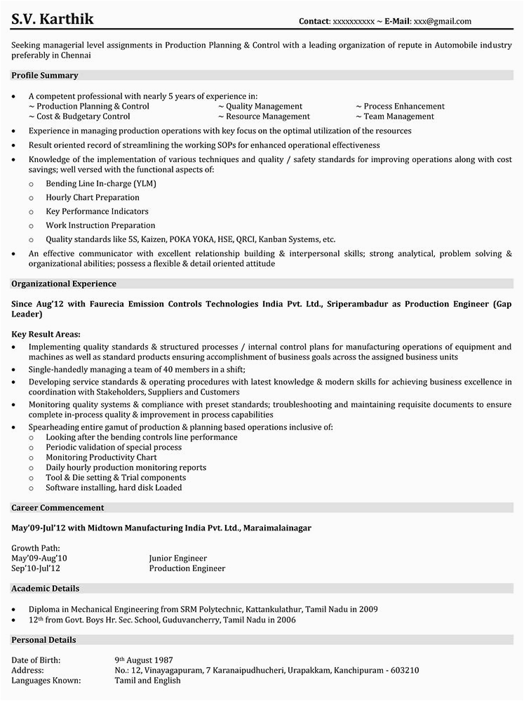 Sample Resume for Production Manager In India Resume for Mechanical Engineer In India