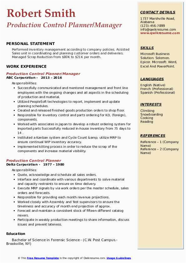 Sample Resume for Production Planning and Control Manager Production Control Planner Resume Samples