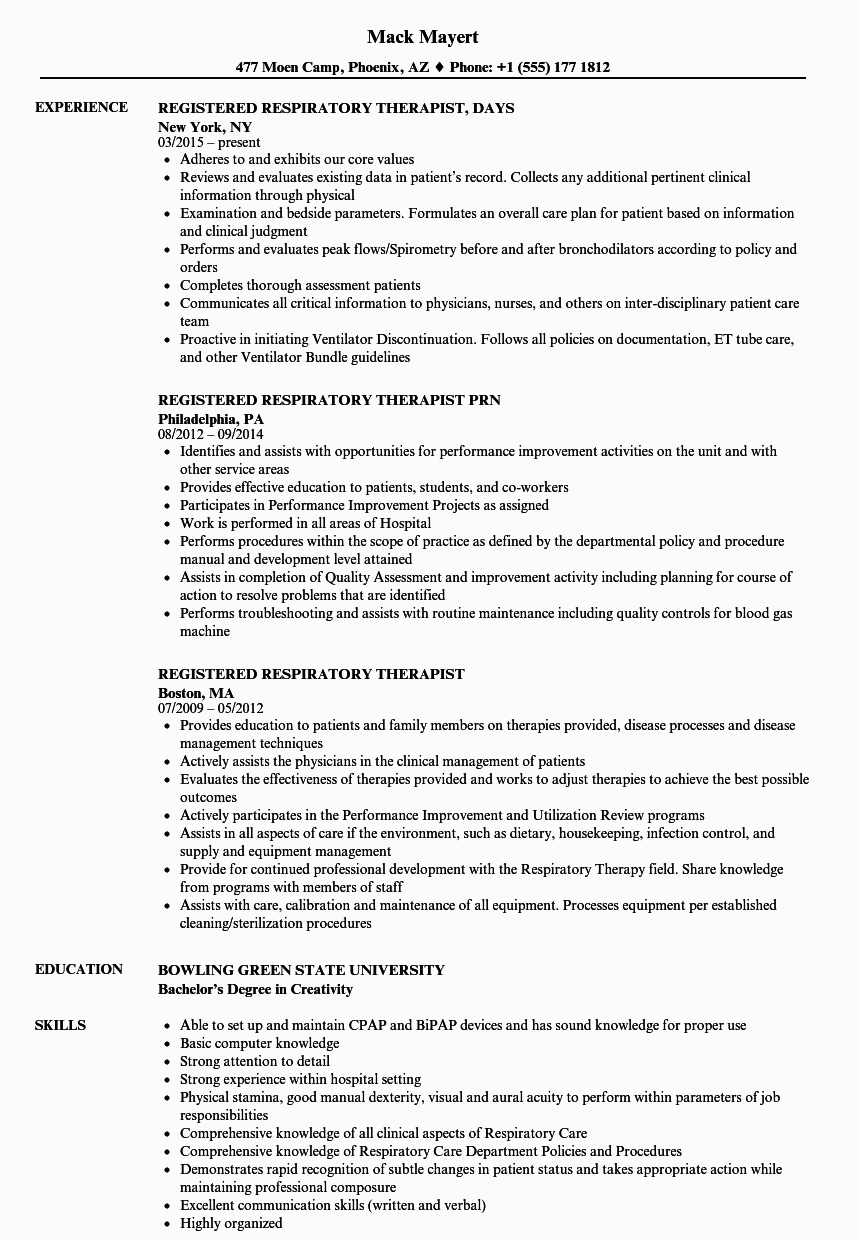 Sample Resume for Respiratory therapist Student Entry Level Respiratory therapist Resume Free Resume