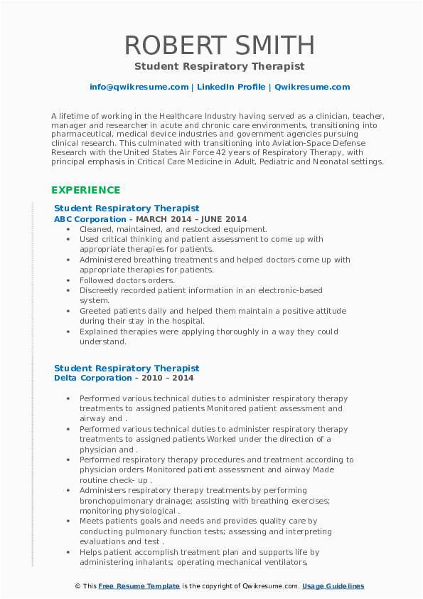 Sample Resume for Respiratory therapist Student Student Respiratory therapist Resume Samples