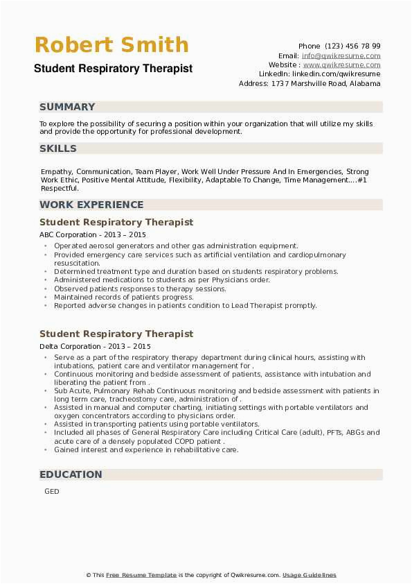 Sample Resume for Respiratory therapist Student Student Respiratory therapist Resume Samples
