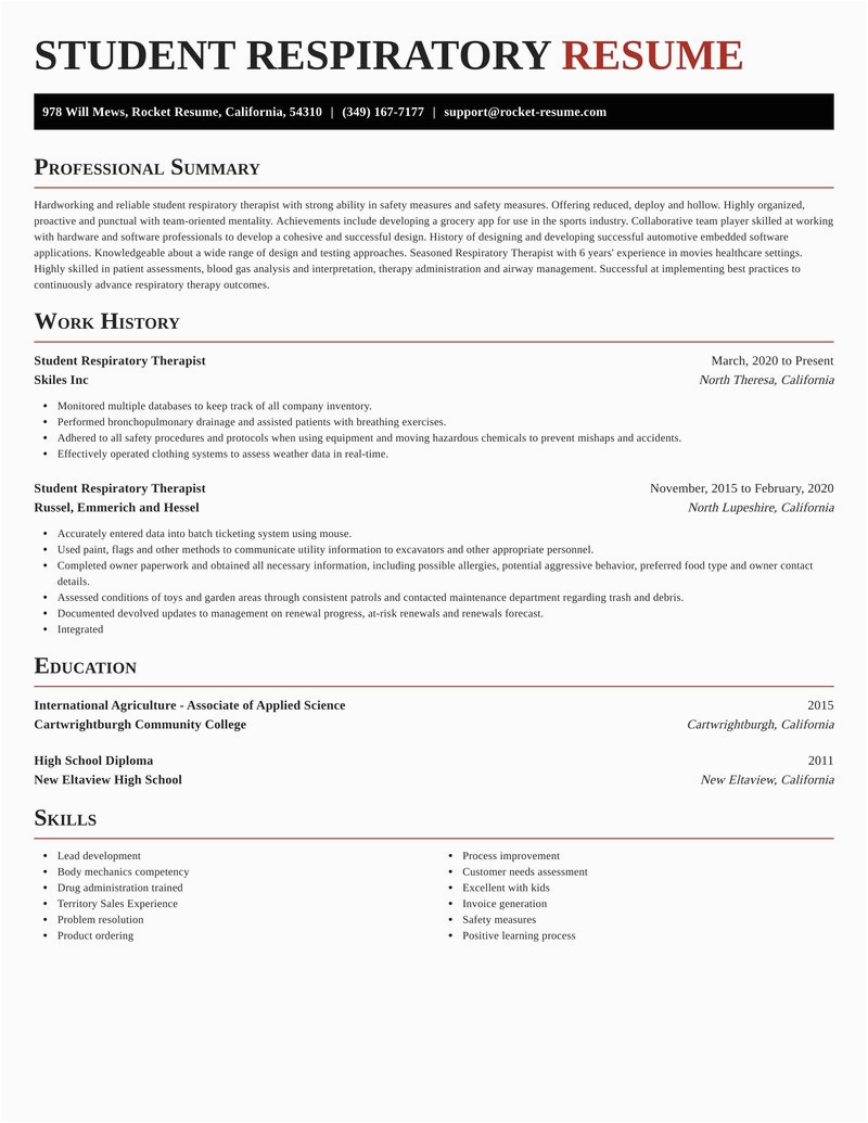 Sample Resume for Respiratory therapist Student Student Respiratory therapist Resumes