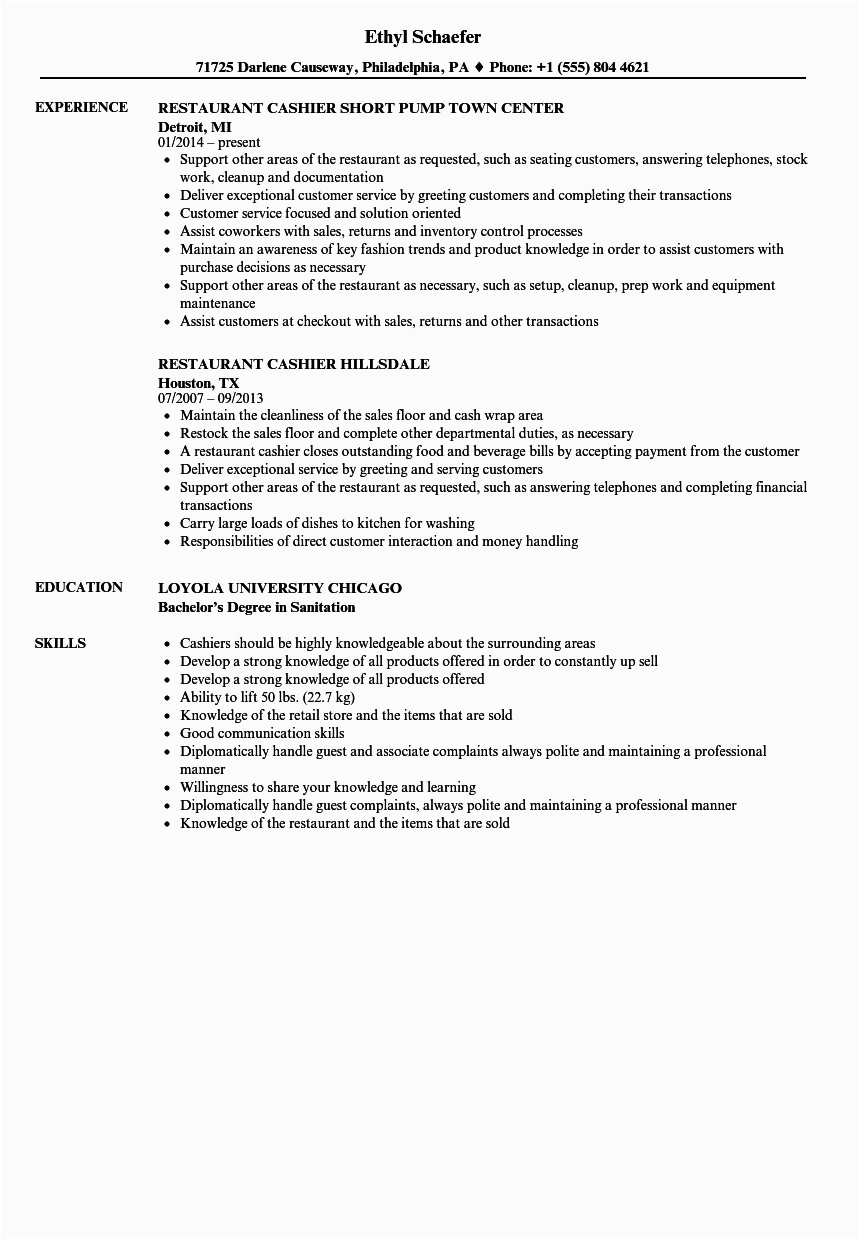 Sample Resume for Restaurant Cashier Position Curriculum Vitae for Cashier