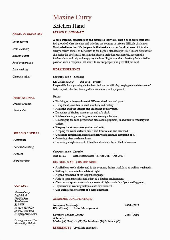 Sample Resume for Restaurant Kitchen Hand Kitchen Hand Resume Cooking Sample Template Example