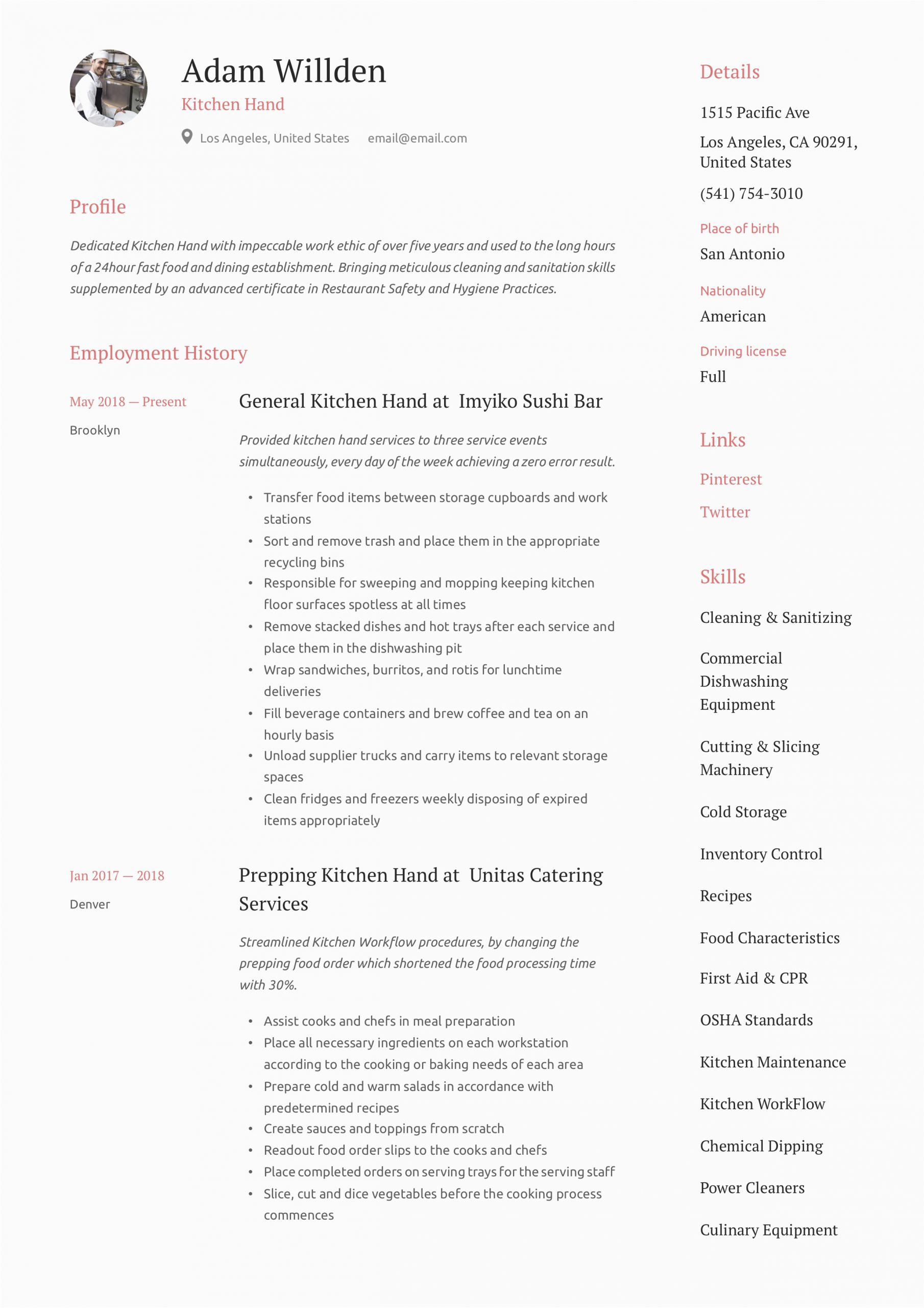 Sample Resume for Restaurant Kitchen Hand Kitchen Hand Resume & Writing Guide