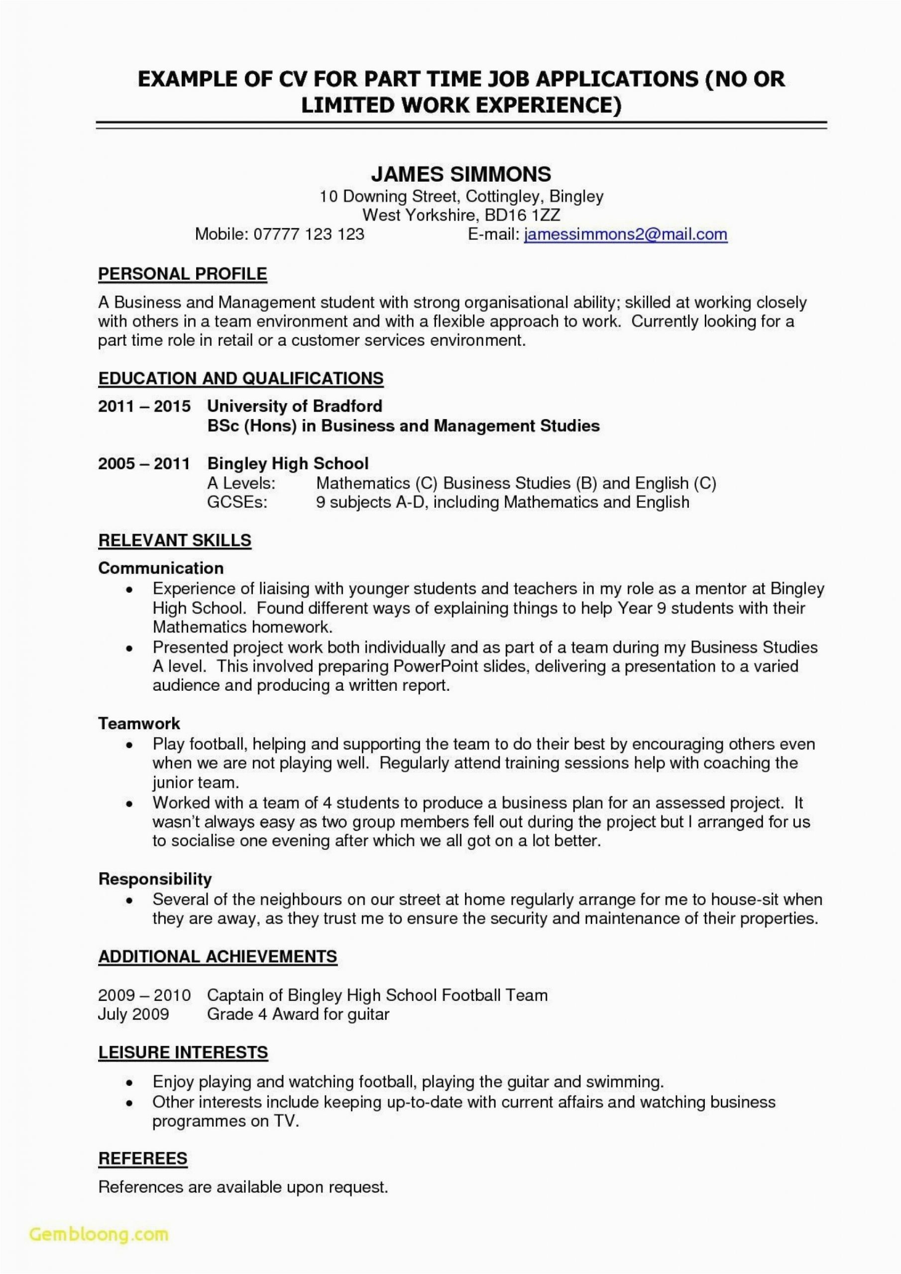 Sample Resume Objective for Part Time Job Part Time Job Resume Template Addictionary