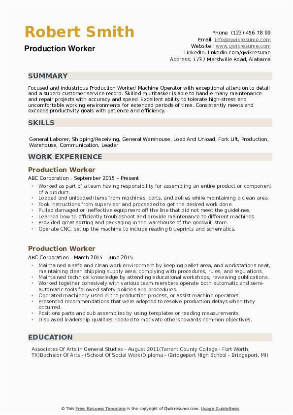 Sample Resume Objective for Production Worker Production Worker Resume Samples