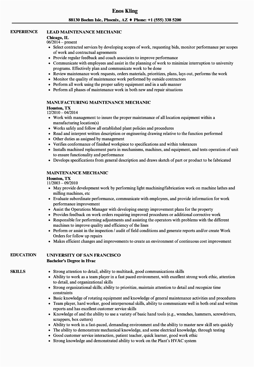 Sample Resume Objectives for Maintenance Mechanic Maintenance Mechanic Resume