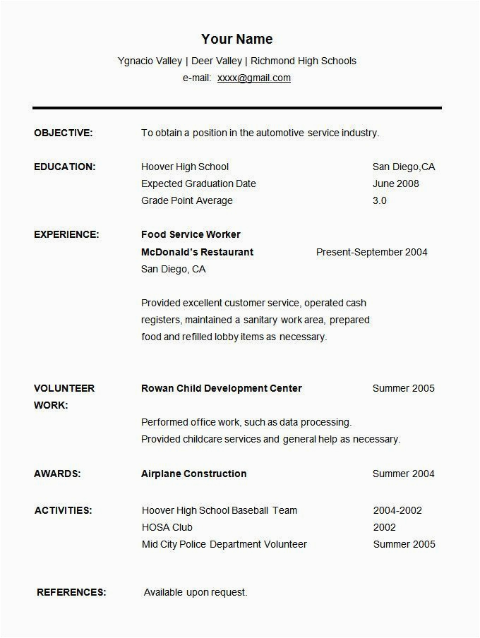 Simple Resume Template for High School Students Resume Templates Student Resume Templates