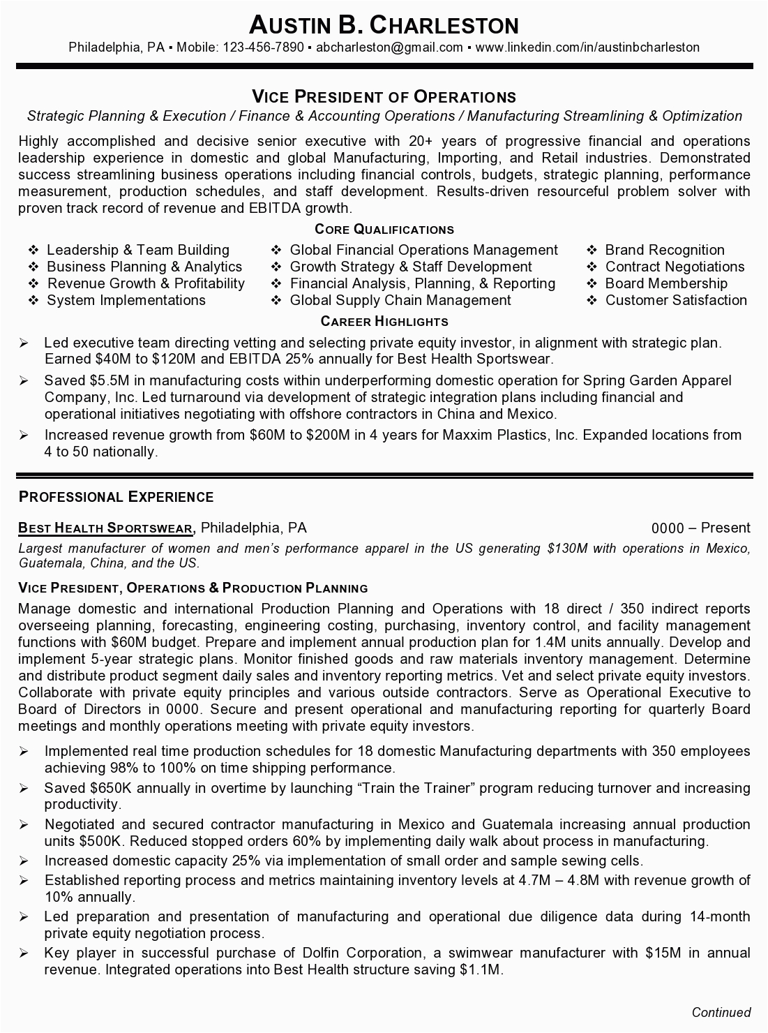 Vice President Of Operations Resume Samples Resume Sample 4 Vice President Of Operations – Career