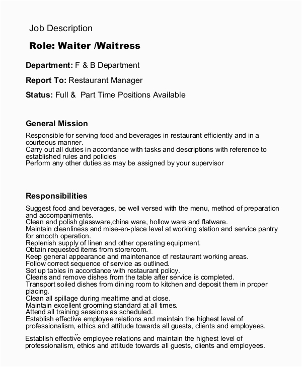 Waitress Job Description for Resume Samples Free 9 Sample Waitress Job Descriptions In Pdf