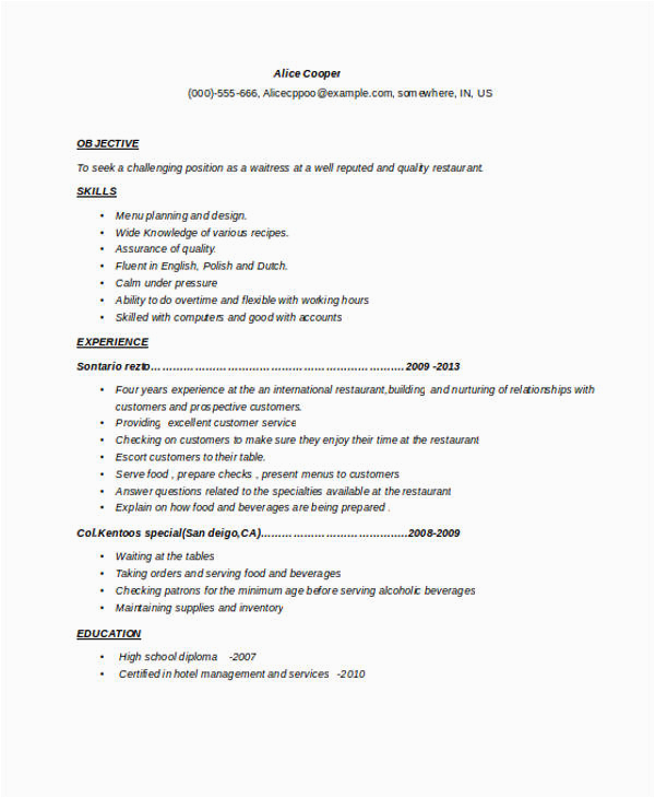 Waitress Job Description for Resume Samples Waitress Resume Template