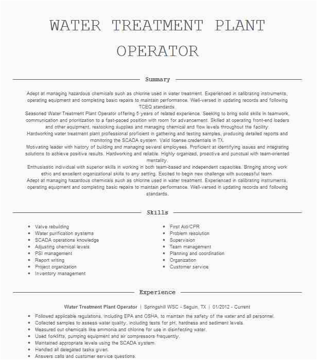 Water Treatment Plant Operator Resume Sample Water Treatment Plant Operator Resume Example Avek Water