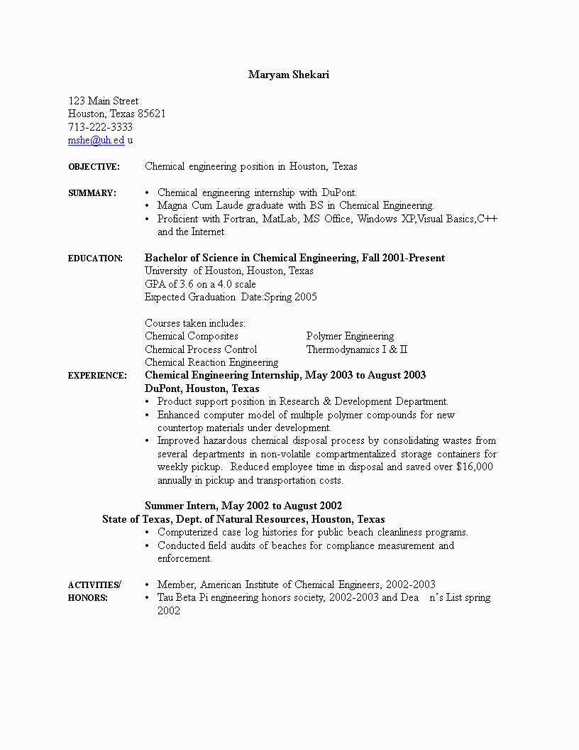 Auburn University Bachelor Of Chemical Engineering Resume Samples Chemical Engineering Internship Resume How to Create A Chemical