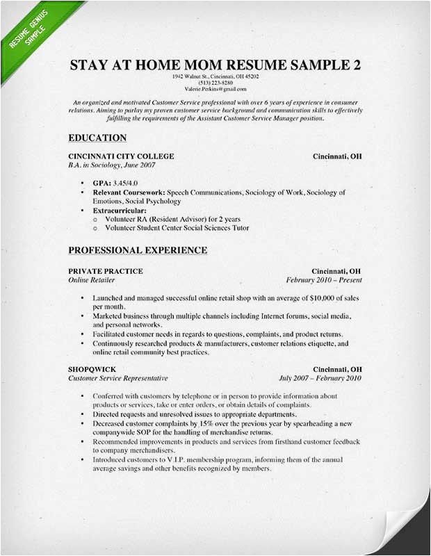 Best Stay at Home Resume Sample Free Resume Templates for Stay at Home Moms