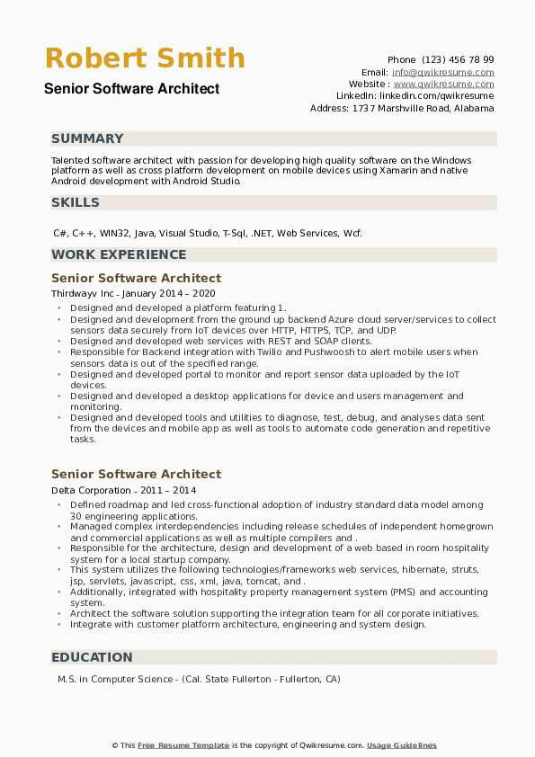 Computer Systems Engineers Architects Resume Sample Senior software Architect Resume Samples