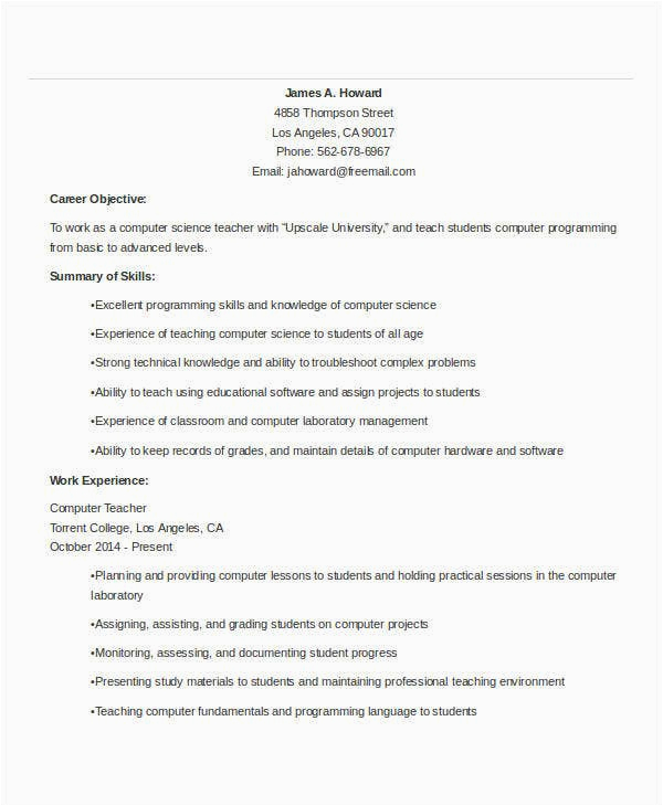Computer Teacher Resume format Not Sample 29 Basic Teacher Resume Templates Pdf Doc