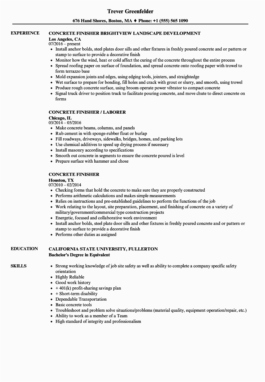 Concrete and soil Technician Sample Resume Concrete Worker Job Description for Resume