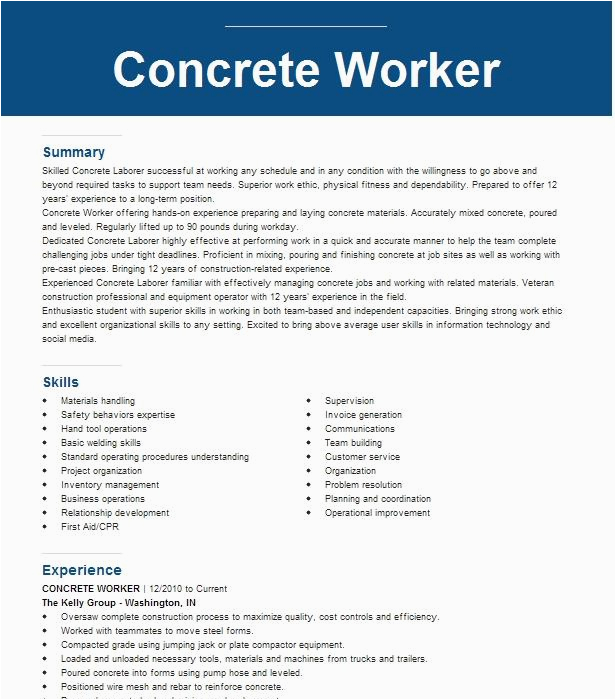 Concrete and soil Technician Sample Resume Precast Concrete Worker Resume Example Standard Precast Inc