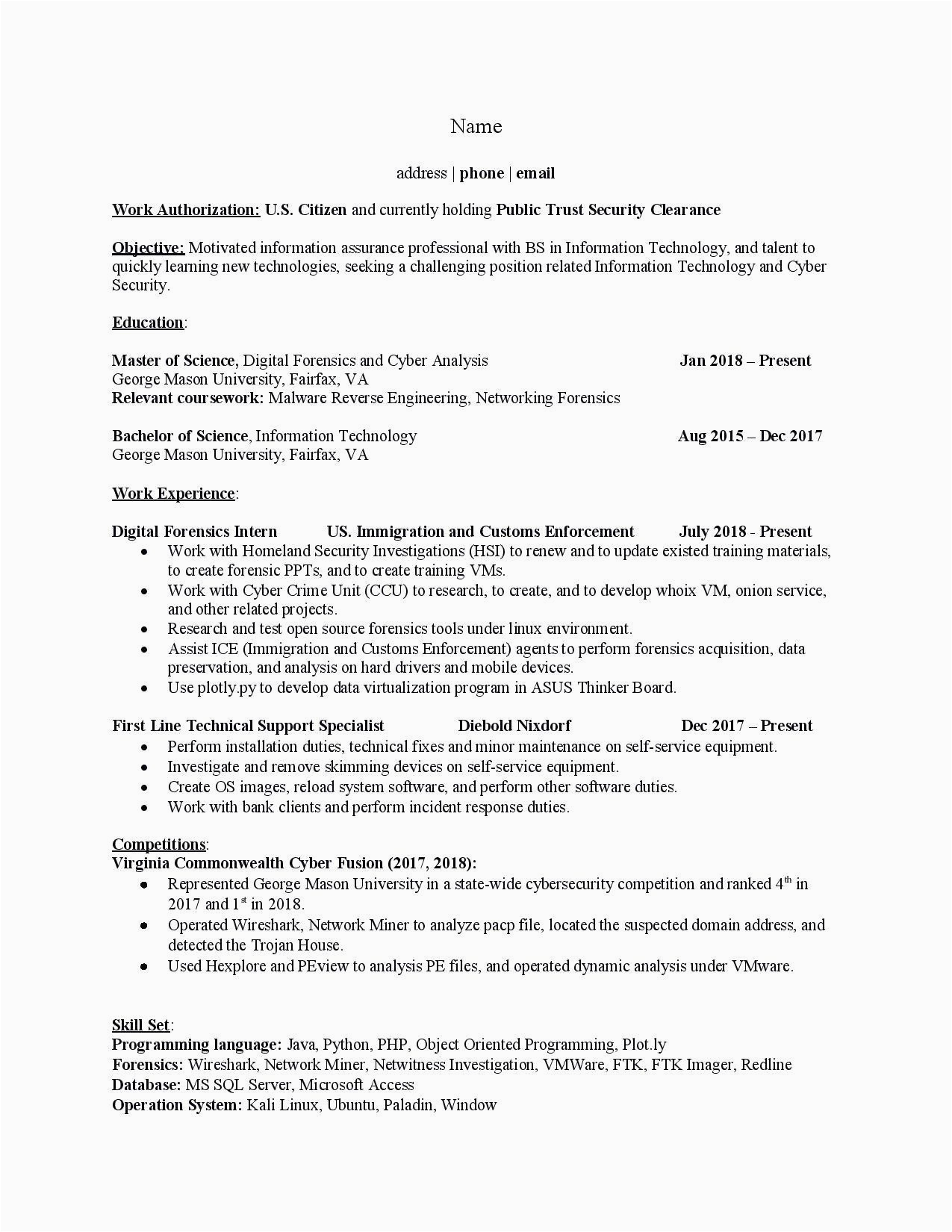 Cybersecurity Resume Sample with No Experience Sample Resume for Entry Level Cyber Security Resmud