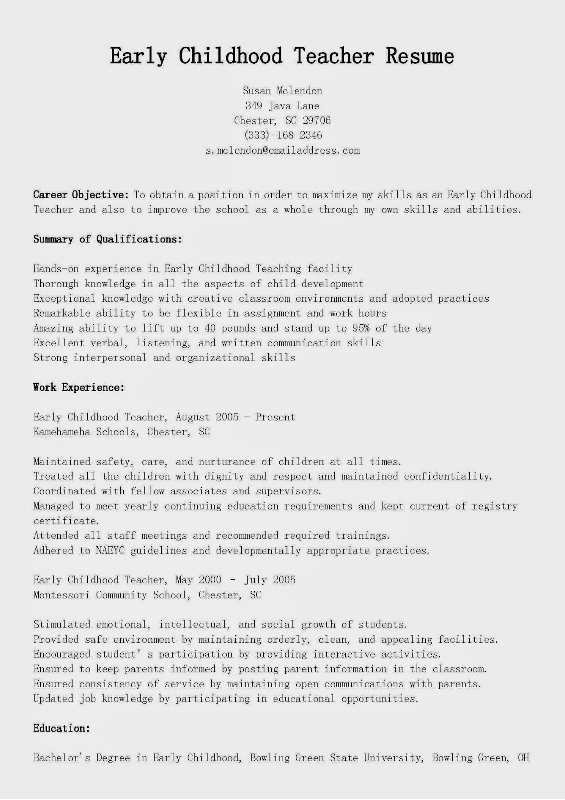 Early Childhood Education Resume Objective Samples Resume Samples Early Childhood Teacher Resume Sample