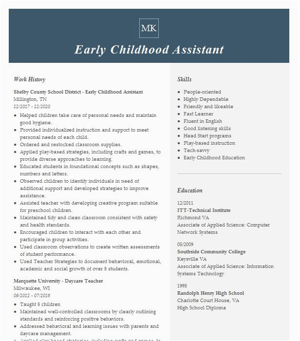 Early Childhood Educator assistant Resume Sample Early Childhood assistant Resume Example