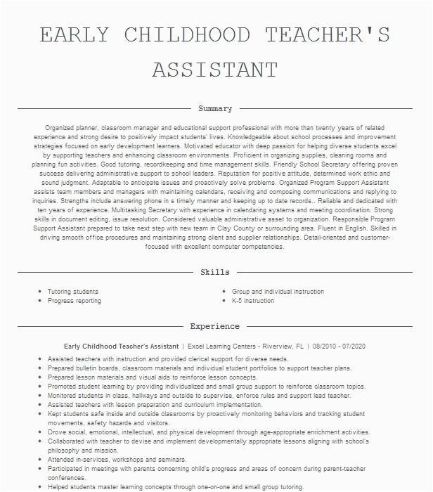 Early Childhood Educator assistant Resume Sample Early Childhood assistant Resume Example Shelby County School District
