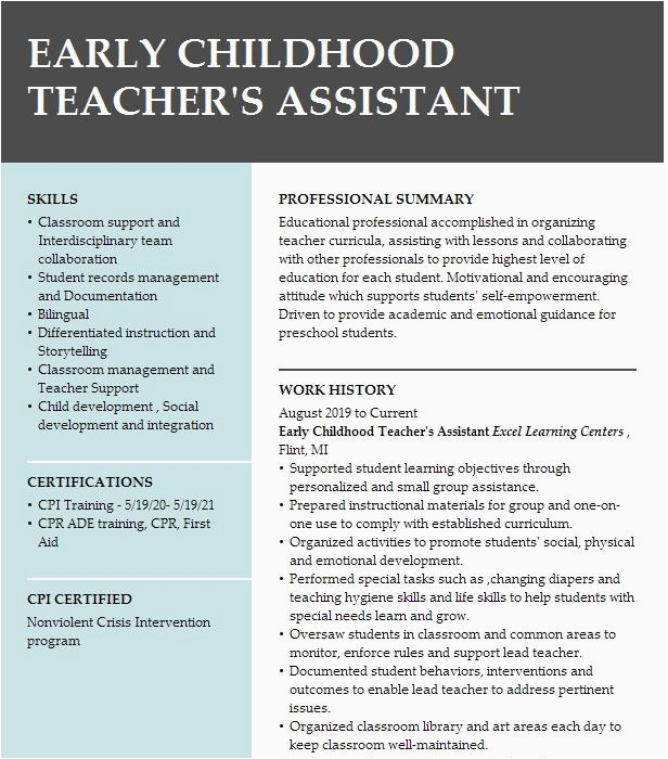 Early Childhood Educator assistant Resume Sample Early Childhoold Teacher S assistant Resume Example Pany Name