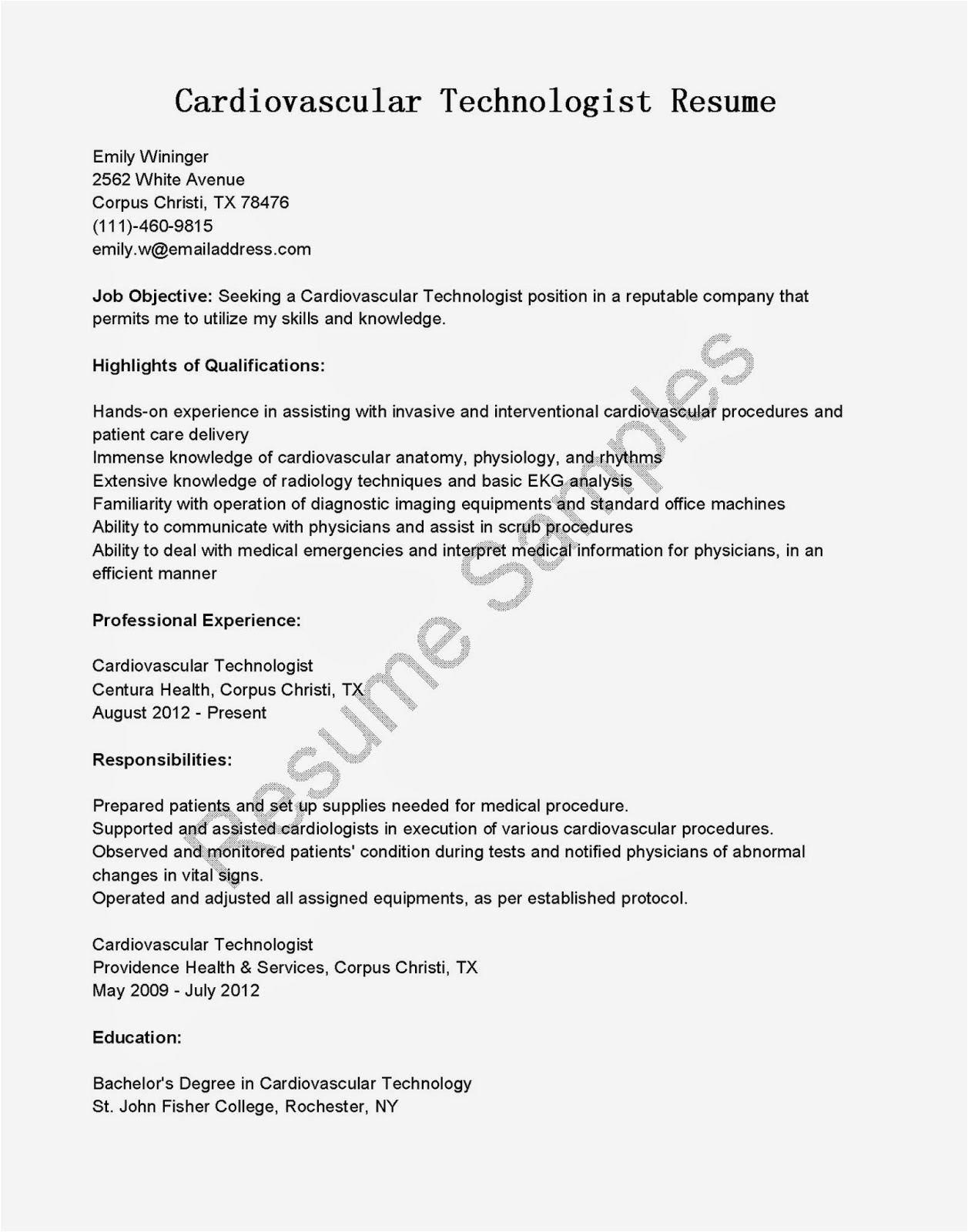 Fisher College Of Business Resume Template Resume Samples Cardiovascular Technologist Resume Sample
