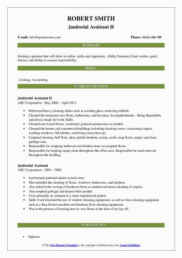 Free Resume Samples for Janitorial Positions Janitorial assistant Resume Samples