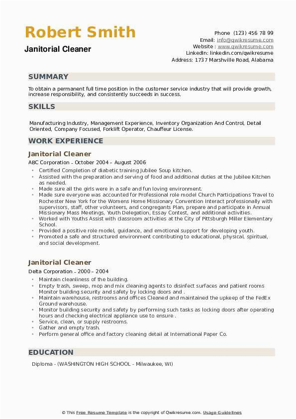Free Resume Samples for Janitorial Positions Janitorial Cleaner Resume Samples