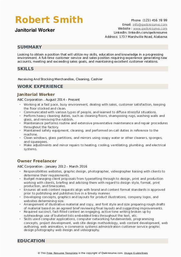 Free Resume Samples for Janitorial Positions Janitorial Worker Resume Samples
