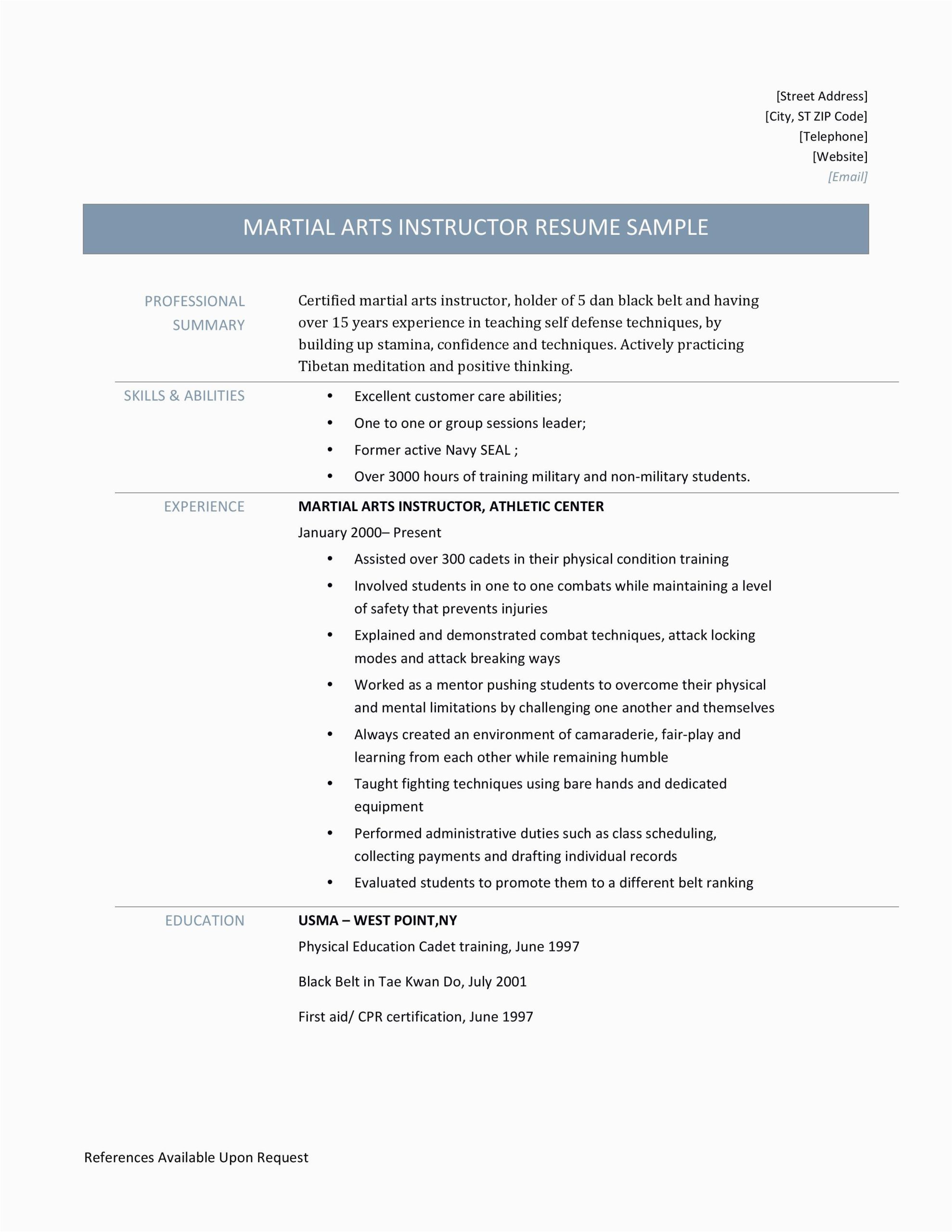 Free Resume Samples for Martial Arts Martial Arts Instructor Resume Template and Job Description