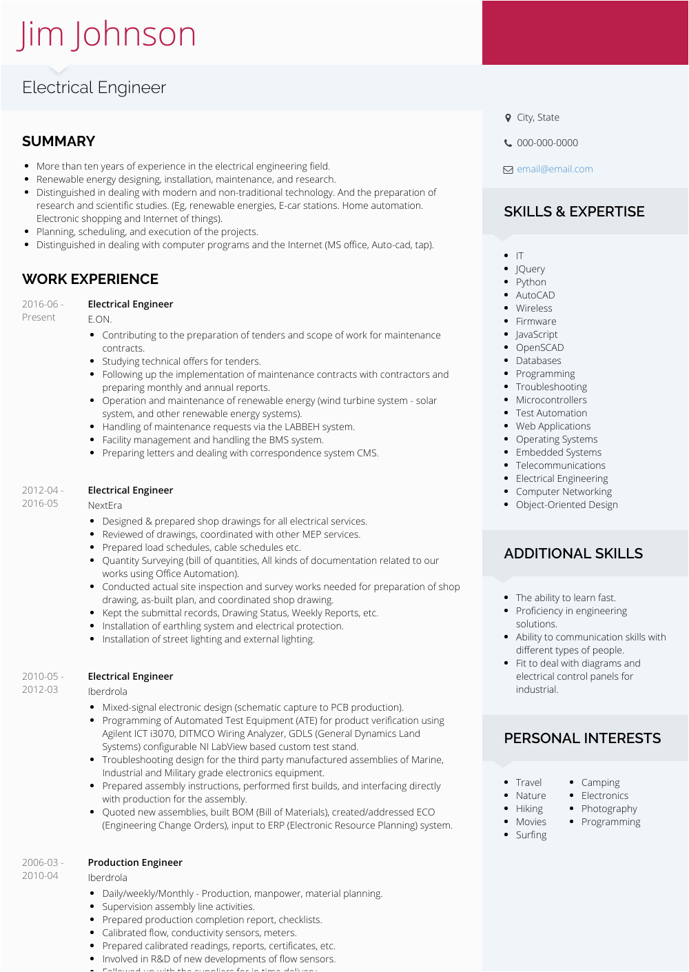 Free Resume Templates for Electrical Engineers Electrical Engineer Resume Samples and Templates
