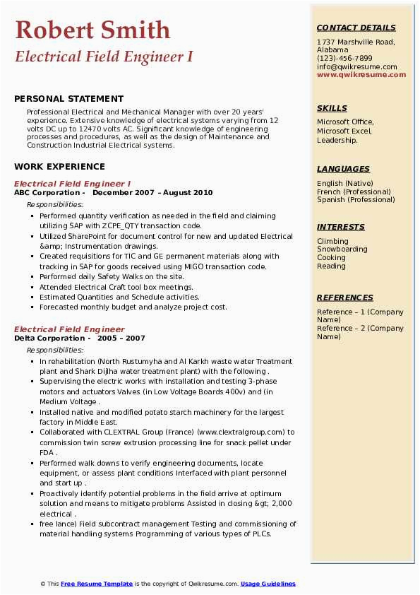 Free Resume Templates for Electrical Engineers Electrical Field Engineer Resume Samples