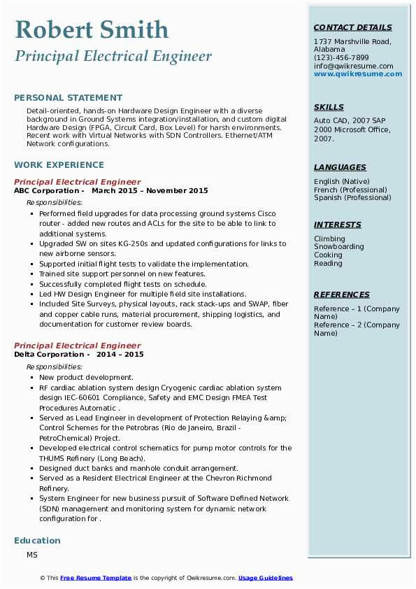 Free Resume Templates for Electrical Engineers Principal Electrical Engineer Resume Samples