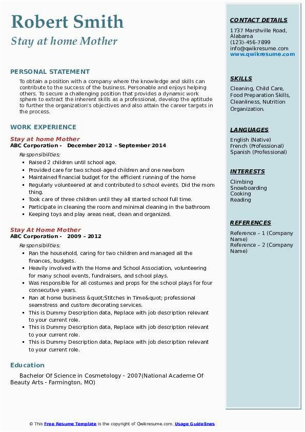 Free Stay at Home Mom Resume Template 10 Resume Template for Stay at Home Mom Template Guru