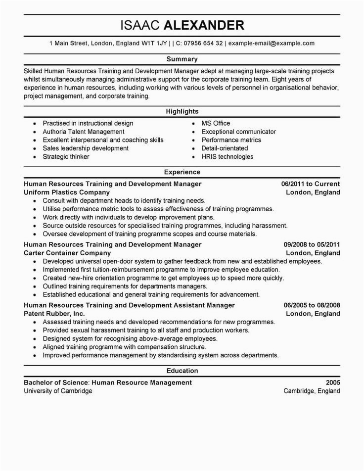Free Unique Samples Of Training Manager Resume S Human Resources Manager Resume Summary Unique Best Training and
