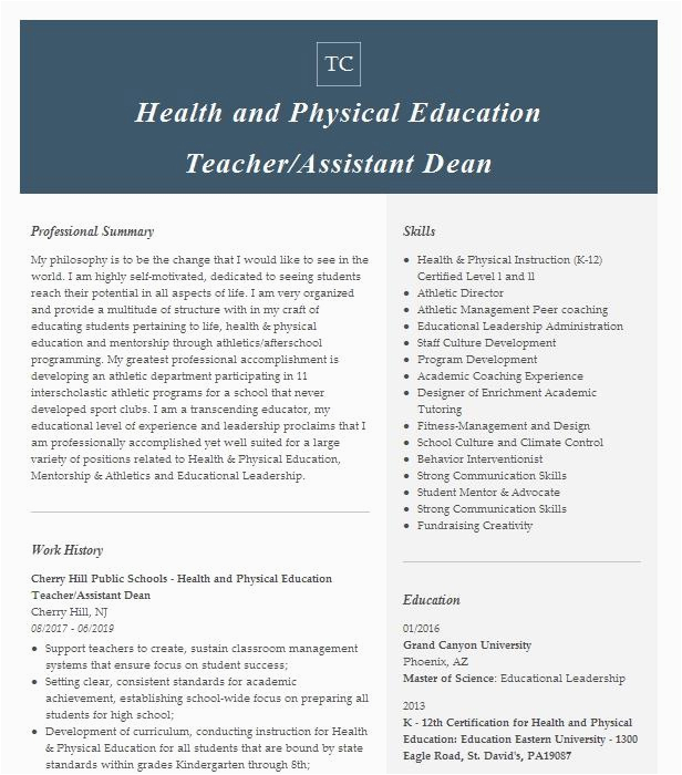 Health and Physical Education Resume Sample Health and Physical Education Teacher assistant Dean Resume Example
