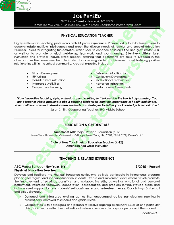 Health and Physical Education Resume Sample Physical Education Resume Sample