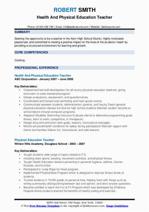 Health and Physical Education Resume Sample Physical Education Teacher Resume Samples