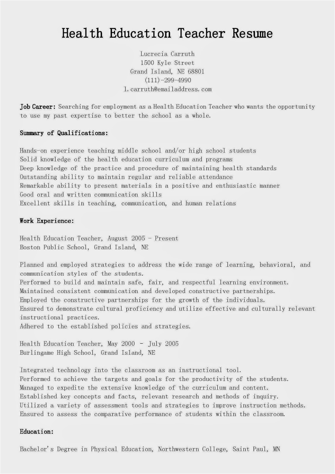 Health and Physical Education Resume Sample Resume Samples Health Education Teacher Resume Sample