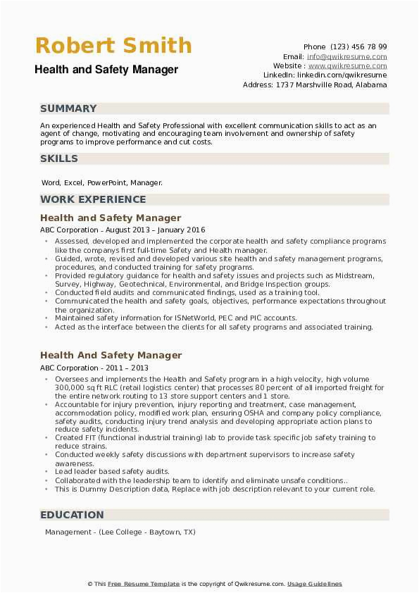 Health and Safety Manager Resume Sample Health and Safety Manager Resume Samples