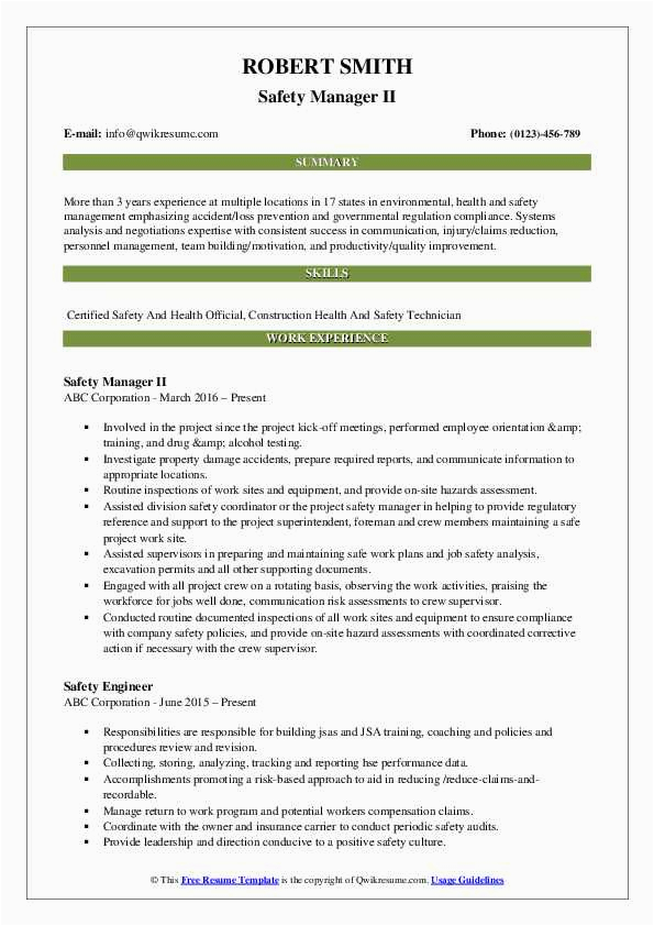 Health and Safety Manager Resume Sample Safety Manager Resume Samples