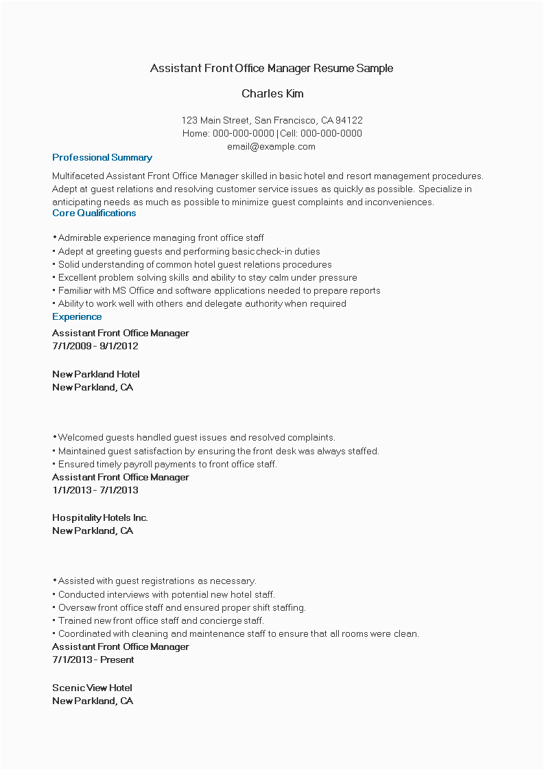 Hotel assistant Front Office Manager Resume Sample assistant Front Fice Manager Resume Sample