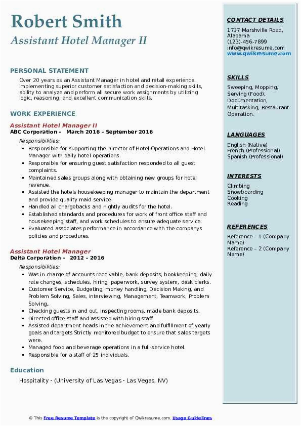 Hotel assistant Front Office Manager Resume Sample assistant Hotel Manager Resume Samples