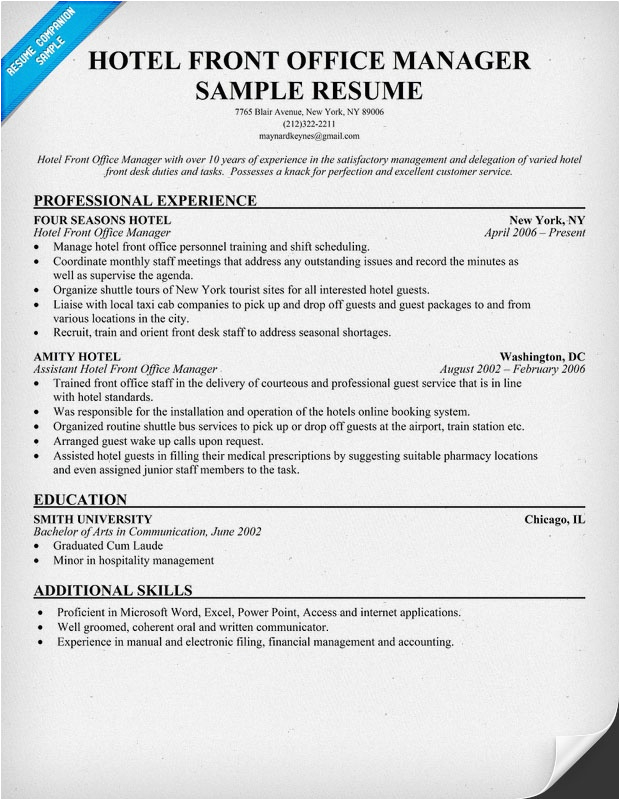 Hotel assistant Front Office Manager Resume Sample Resume Samples and How to Write A Resume